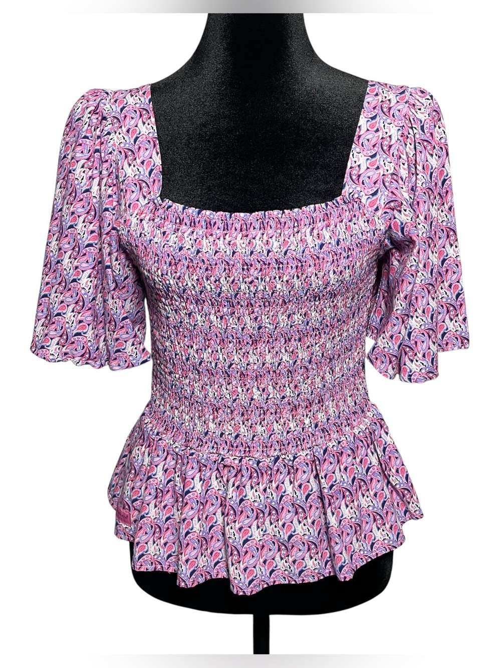 Simply Southern Pink Purple Paisley Peplum crop smocked top